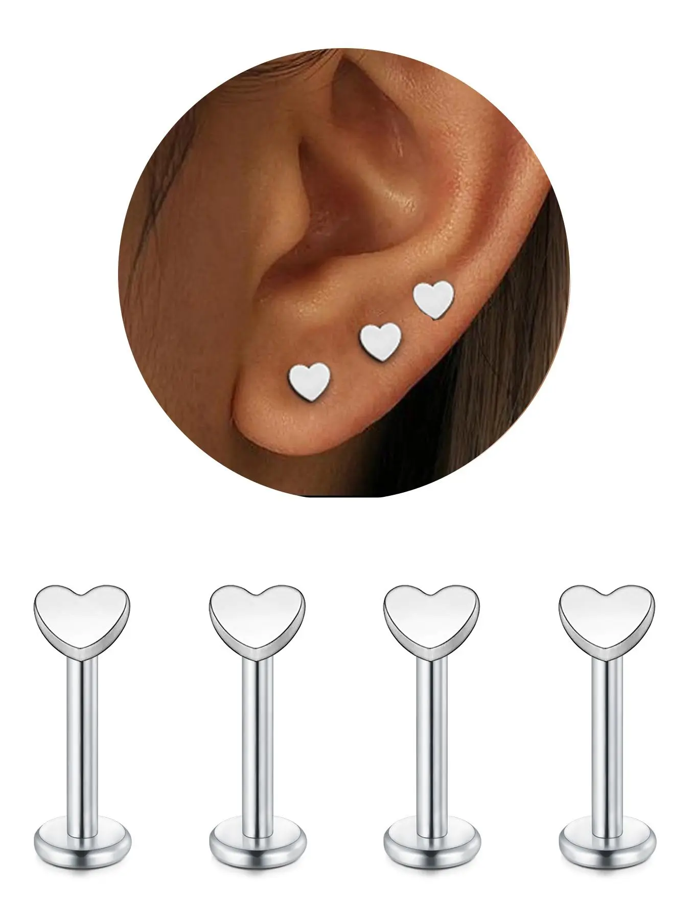 Heart Shaped Stud Earrings, Heart Design Earrings, Stainless Steel Earrings for Women, Hypoallergenic Stud Piercing Jewelry for Tragus/Helix/Conch/Medusa/Lip/Labret