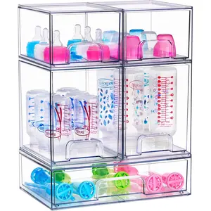 Stackable Acrylic Storage Drawers – 2 Small + 2 Tall + 1 Wide – 5 Pack Clear Plastic Organizer Bins for Baby Bottles, Makeup, Bathroom & Vanity, Pull-Out Drawer Design for Kitchen Cabinets