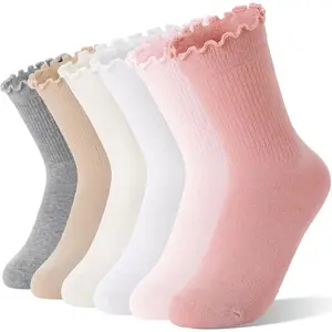 P-SOK013  Girls Kids Ruffle Socks Uniform School Dress Frilly Cotton Crew Socks 6 Pairs