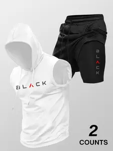 Men's Hooded Sleeveless Vest Top & Drawstring Waist Shorts Set, Unique Letter Print, Casual Summer, Outdoor Sports Wear, Athletic Sets