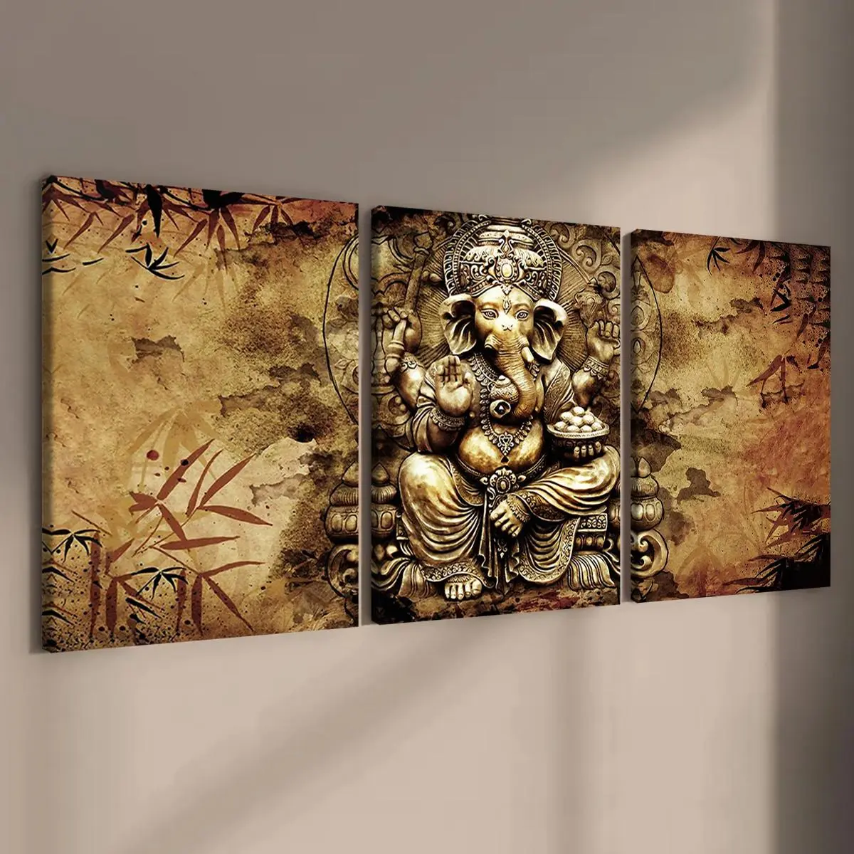 3 Counts Wooden Framed Canvas, Vintage Lord Ganesha Poster, Fashion Living Room Decoration, Modern Art, Perfect Home Poster, Wall Art Murals, Apartment Dormitory, High Definition, Waterproof, Art