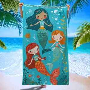 Mermaid Girl Beach Towel, Blue Gradient Coral Bubble Print Bath Towel, Soft Skin-Friendly Towel for Home, Outdoor, Pool Party, Yoga, Summer, Gift