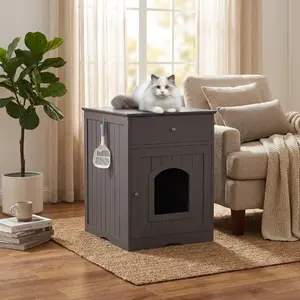 Aesthetic wood cat litter box enclosure with drawer modern indoor pet crate side table and cat home nightstand furniture finds