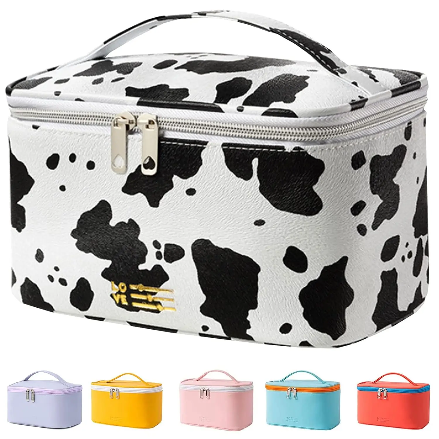 Women's Cow Print Large PU Leather Makeup Bag - Waterproof Reusable Synthetic Cosmetics Organizer with Furry Texture, Elastic Bands, Zipper Closure, Preppy Look, High-Capacity, Great Quality, Mother's Day/Thanksgiving Day Gift for Brushes & Skincare