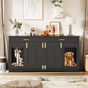 Garvee 71" Extra Large Double Dog Crate Furniture with Removable Divider & 2 Storage Drawers | Heavy Duty Wooden Dog Kennel TV Stand for 2 Large Dogs | Decorative Indoor Pet Cage & End Table for Living Room | Sliding Lockable Doors