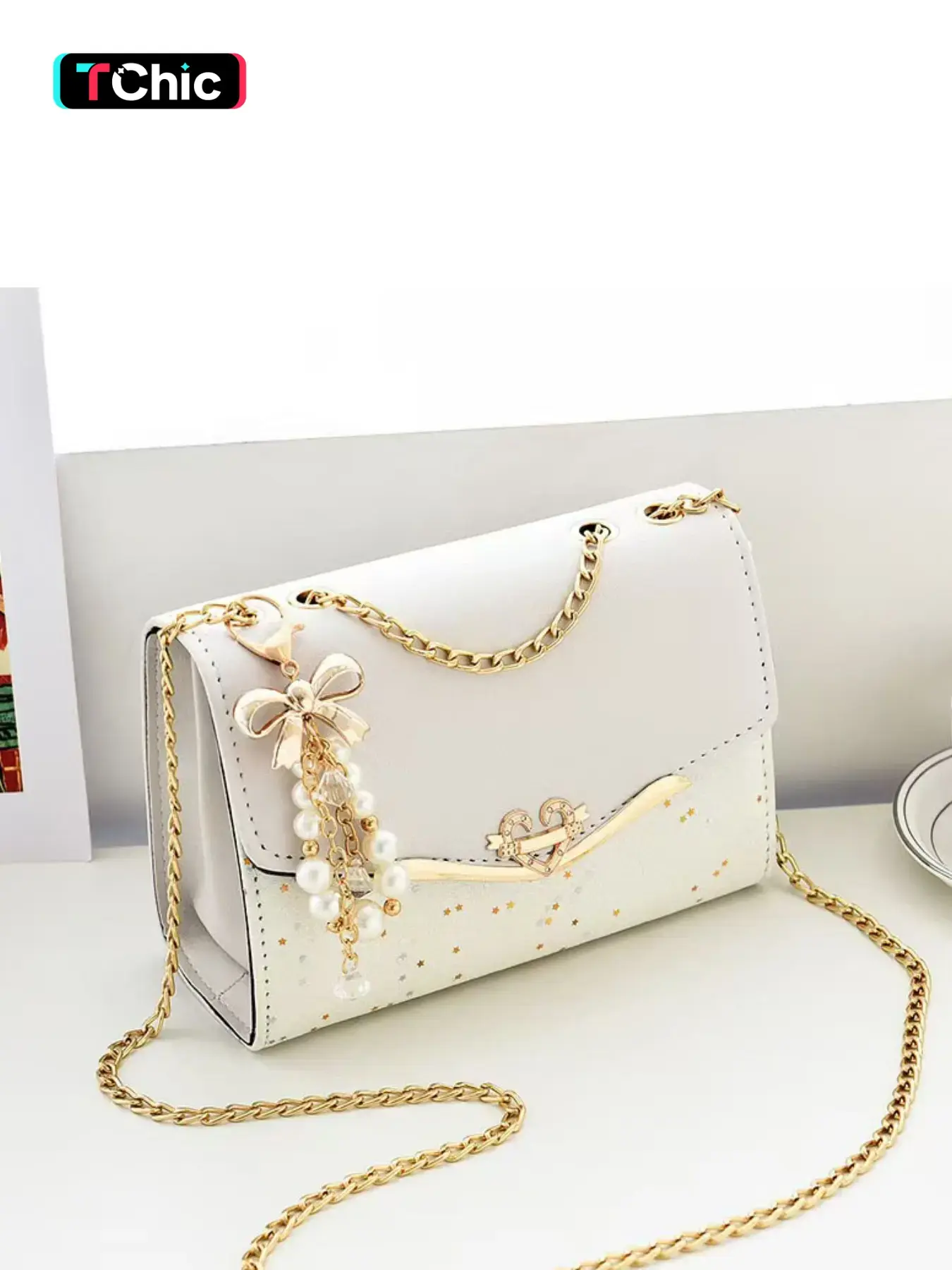 Women's Colorblock Glitter Star Pattern PU Leather Crossbody Bag, Elegant Chain Strap Shoulder Purse, Girl Fashionable Casual Shoulder Bag with Faux Pearls Charm, Chain Crossbody Bags, Embellished Shoulder Bag