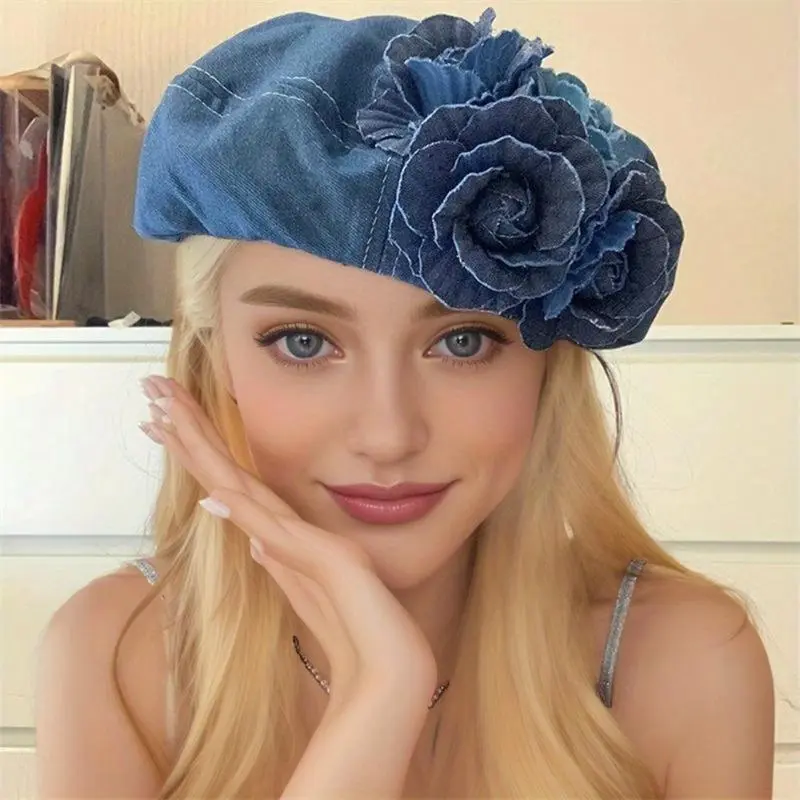Women's Chic Denim Beret Hat - Foldable Painter Cap with 3D Floral Print, Blue-White Colorblock, Adjustable Knit Heart Wool Design, Unisex Fashion Accessory for Casual & Formal Occasions, Accessories for Women, Hats For Women