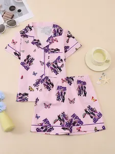 Cute and sweet bubble-textured sleepwear set for girls — summer trendy print featuring butterflies; soft, breathable collared short-sleeve top and shorts loungewear for children/girls.