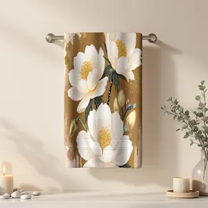 1Pc Vintage style White Blossoms on Brown Bathroom Hand Towel Bath Towel, Multiple Size Microfiber Towel, Ultra-Soft Quick Dry and Absorbent Polyester Large Bath Towel, Unique Home Decorative Kitchen Towels, Festiva