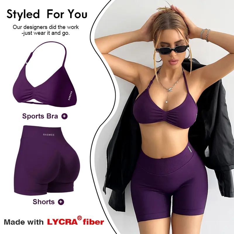 Gym sets for women  2 pcs Lycra Workout Set Seamless High Waisted Biker Shorts and Open Back Halter Sports Bra Yoga Outfit Plain Crop Cami Top Gym Fitness Clothes Tracksuit for Running Club Tennis Padel Pickleball Pilates Daily Casual Activewear Outfits