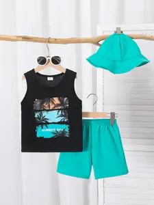 Summer 3-Piece Outfit For Toddler Boys Tropical Print Tank Top with Teal Shorts and Bucket Hat