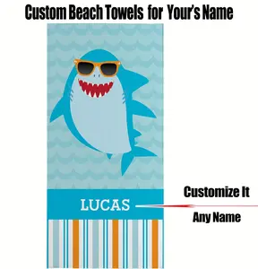 Kids Personalized Bath/Beach Towel Custom with Your Name for Pool Vacation Spring Break Camp Cruise, Super Strong Absorbent, Microfiber, 30 In x 60 In, Sea Creatures & Sunglasses Shark