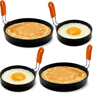 Professional 4-Piece Egg Ring Set, Stainless Steel Round Cooking Molds, Silicone Handles, Kitchen Gadgets, Perfect for Fried Eggs, Pancakes, Omelettes, Sandwiches