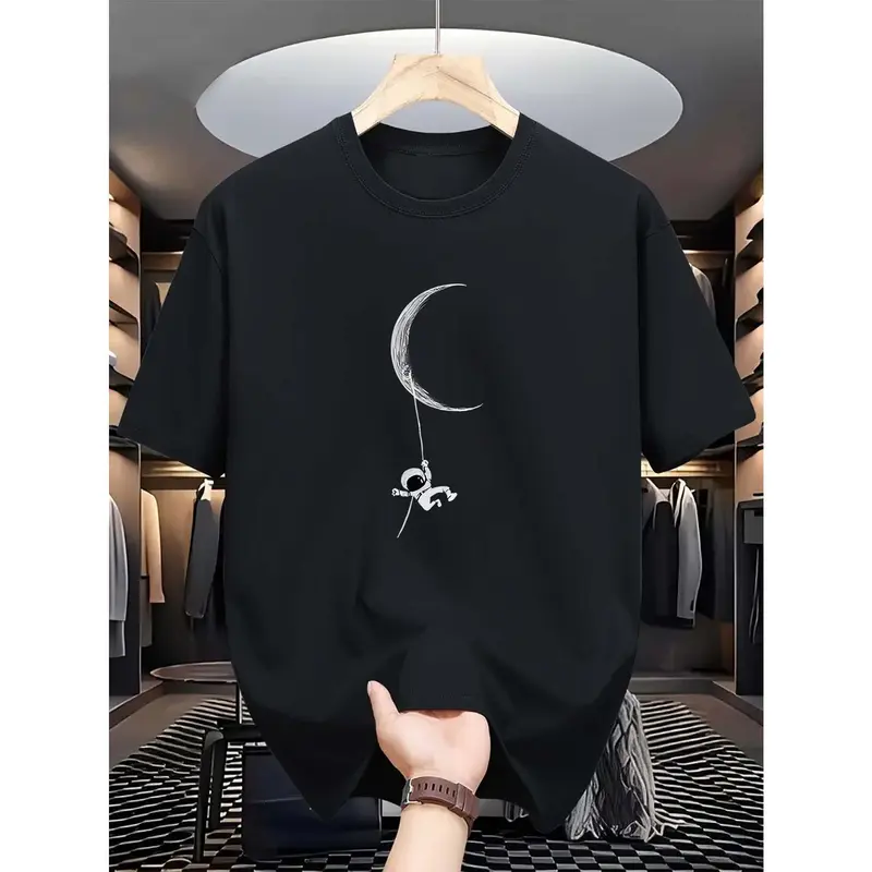 Fashion TrendsMen's Astronaut & Moon Pattern T-Shirt - Casual Summer Crew Neck Short Sleeve Shirt Soft Polyester Blend Machine Washable Comfortable Fit
