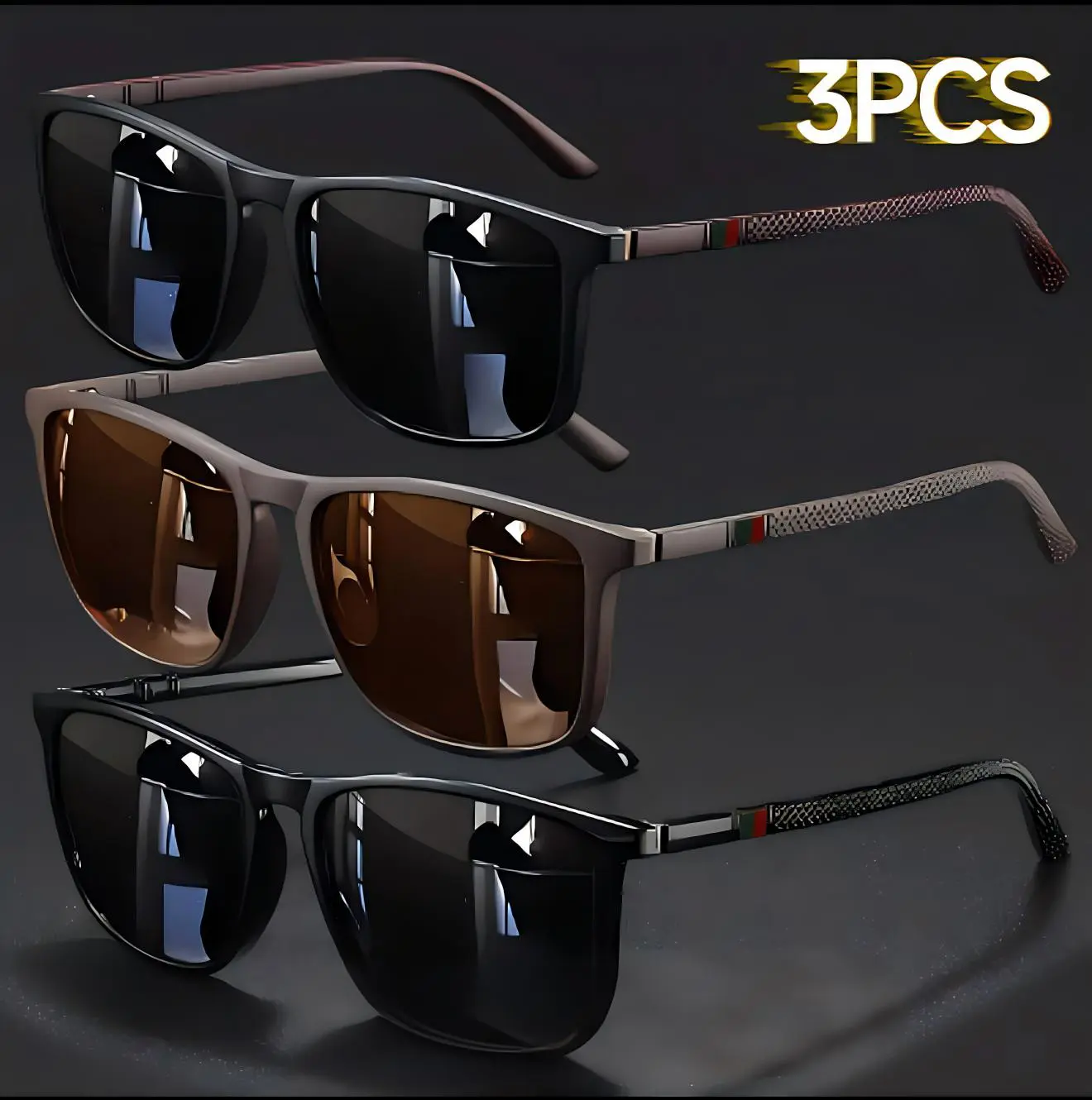 Men’s 3-pack polarized square-frame business sunglasses with non-slip textured temples and multiple lens options, suitable for outdoor driving and fishing, UV protection, and commuting