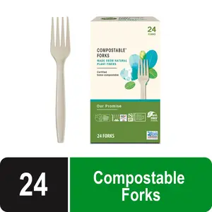 Our Promise Compostable Forks - 24 Count, Made from Natural Plant Fibers, Eco-Friendly & Biodegradable Cutlery