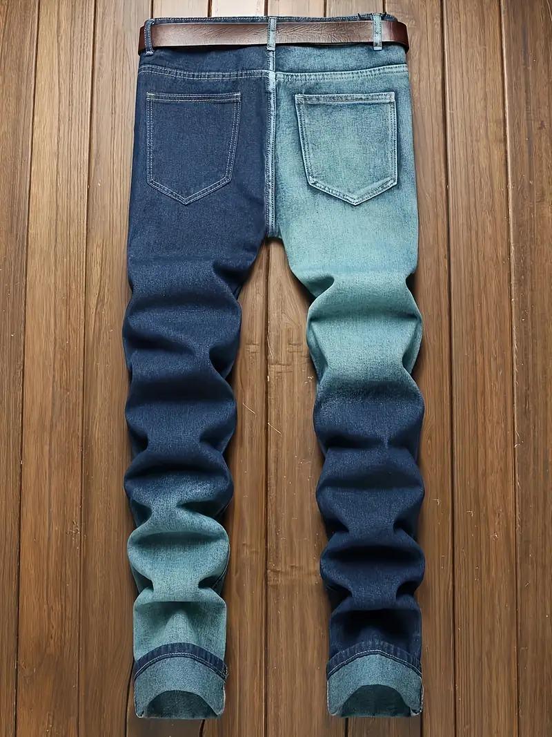 Men's Color Block Ripped Denim Jeans - Breathable, Slim-fit, Mid Waist Casual Cotton