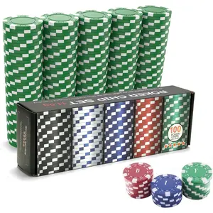 100PCS Green Casino Poker Chips Set, 11.5 Gram Plastic Clay Blank Game Chips for Poker Card Games Texas Holdem Blackjack Gambling (with Gift Box)