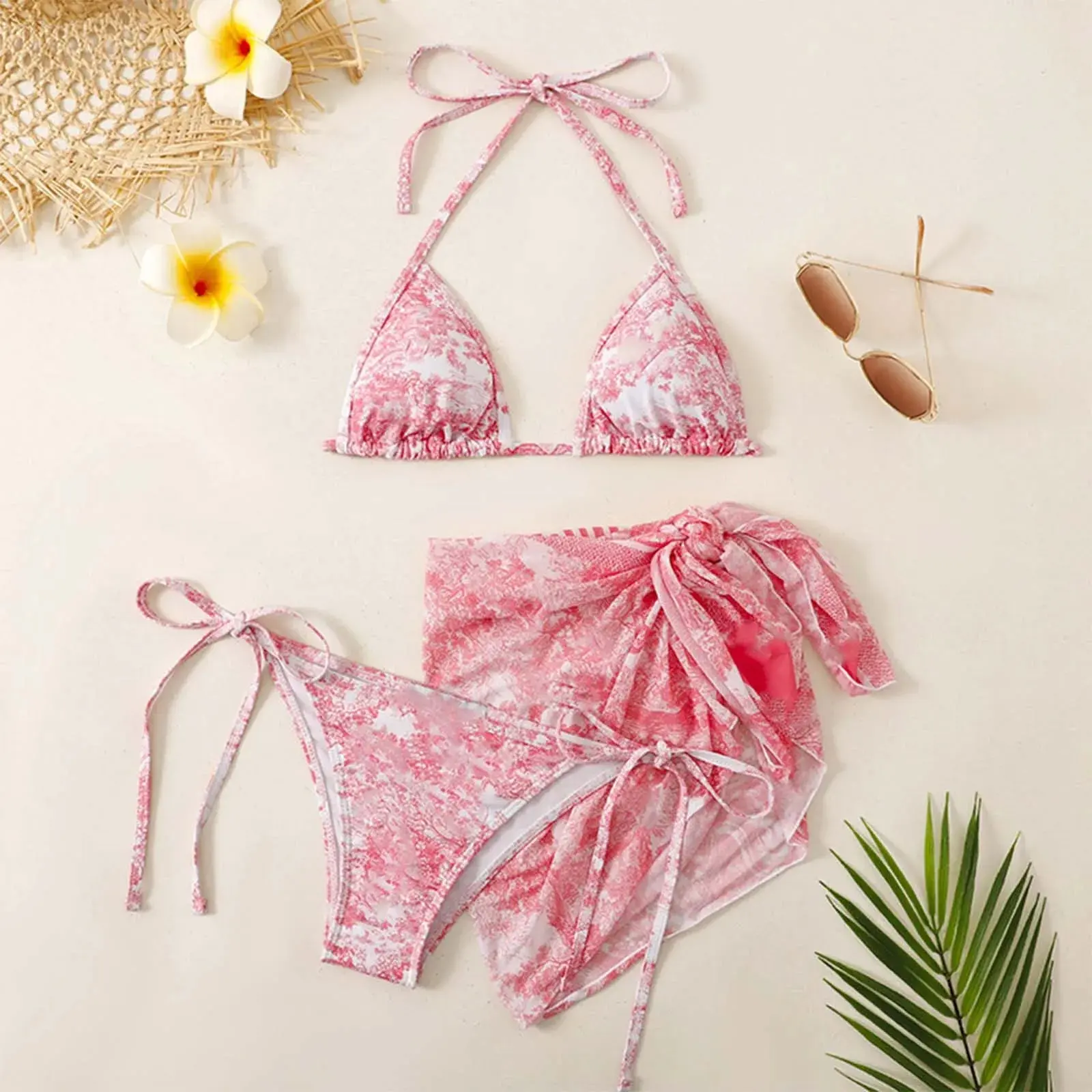 Tie Dye Printed Micro 3 Piece Swimsuits Women Brazilian Bikini Sets Push Up Triangle Swimwear Bandage Sexy Thongs G-String