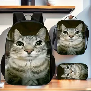 Cat Meme Backpack Set of 3: Includes a Pencil Case, Crossbody Bag, And School Bag.Features a Spacious Design Made of Casual Polyester, Lightweight for Daily Use, Complete with a Messenger Bag, Adjustable Strap, And Zipper Closure