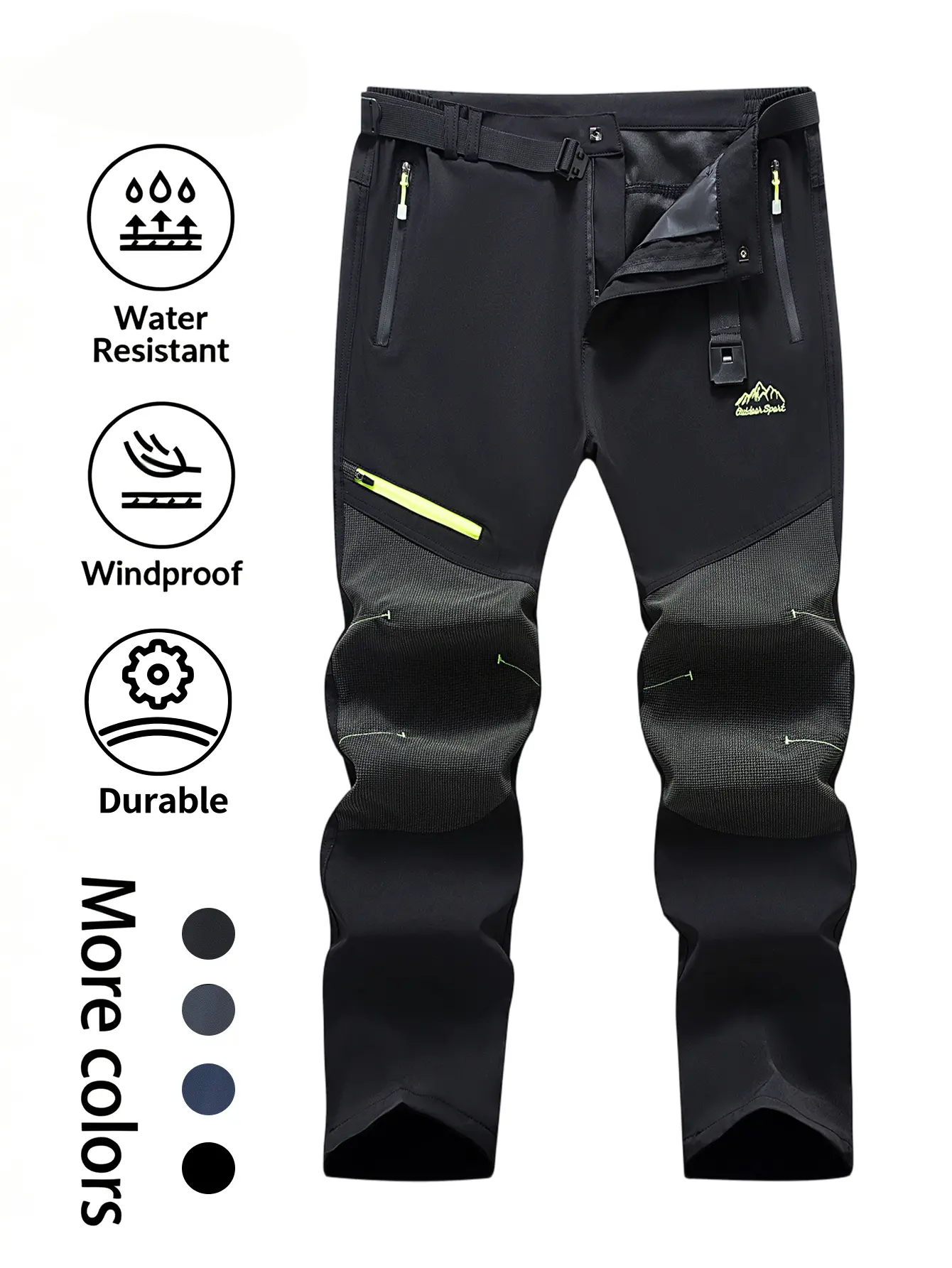 Men's All Seasons Polyester Mid-Waist Fitted Hiking Pants - Water-Resistant, Windproof, Durable, Reinforced Knees, Zippered Pockets, Belt Included - Outdoor Trousers for Camping, Trekking