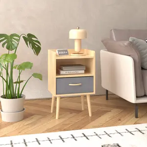 Nightstand With Collapsible Fabric Drawer, 2-Tier Storage End Table, Wood Side Table with Storage Cabinet or Kids, Adults