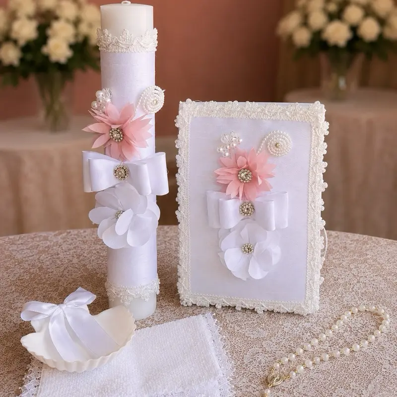 Traditional White Baptism Candle Gift Set - 8in Candle, Rosary, New Testament, Decorative Elements in Themed Gift Box, Religious Party Favors for Baptism Ceremony (English & Spanish, Boys & Girls)