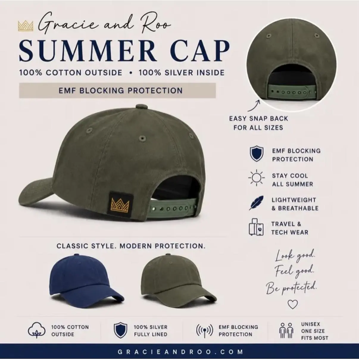 Gracie and Roo EMF Protection Hat 100% Cotton Outer 100% Silver Lining Adjustable Snap Back Unisex Travel Tech Wear Outdoor Activities