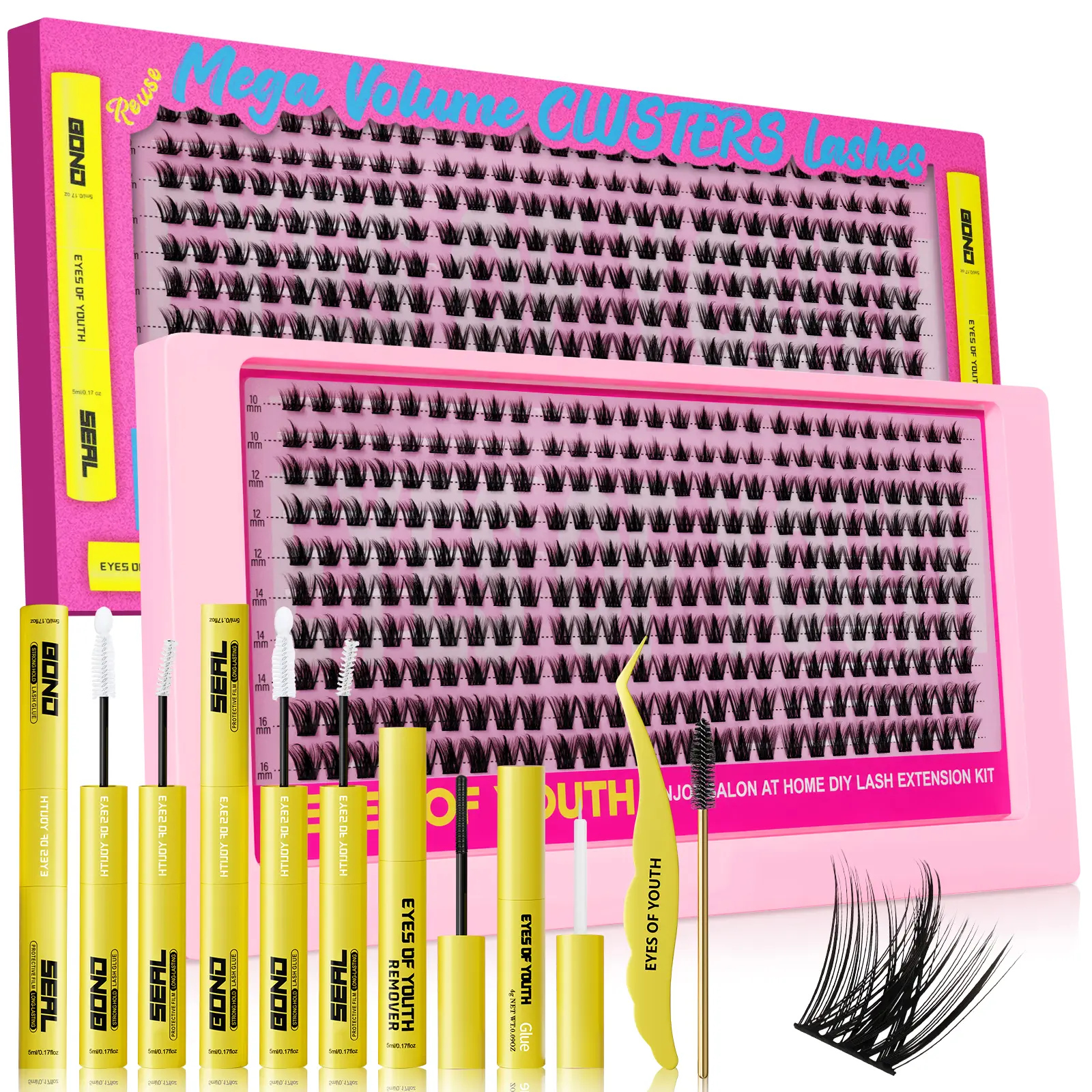 EYES OF YOUTH Spiky Manga Lash Clusters Kit, All-in-One DIY Eyelash Kit with Lash Bond & Seal, Tweezers, Remover, brush and More Accessories for Home Use Makeup Cosmetic