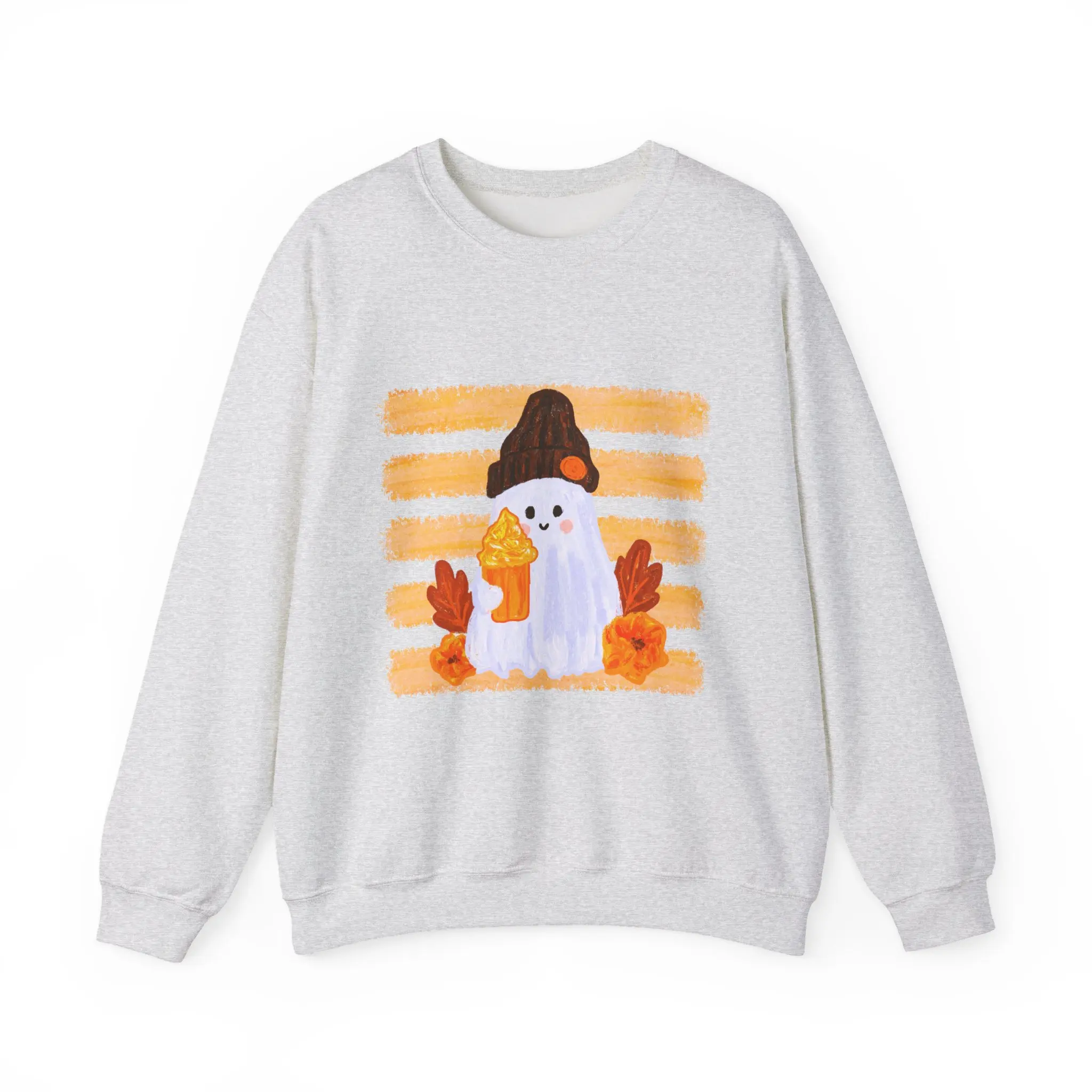 Men's Relaxed Cotton-Poly Crewneck Sweatshirt - Autumn Halloween Ghost Print, Pumpkin Embroidery, Striped Shirt Accent, Cold Wash Compatible Top