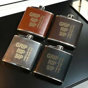Grip It Rip It Sip It Quote Design Leather Flask, Stainless Steel & Leather Portable Liquor Flask, Compact Reusable Drinking Flask, Suitable for Whiskey, Bourbon, Liquor, Travel-Friendly Pocket Flask, Perfect Gift for Golf Enthusiasts/Men