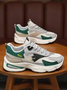 Men's New Trendy Colorblock Textile & PU Leather Dad Shoes, Thick Sole Sport Casual Sneakers, Fashionable Comfortable Running Trainers, Casual Running Footwear