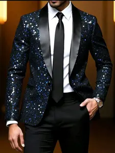 Men's Sequined Classic Formal Evening Blazer Suit Jacket Coat, Plain Blue Festive Party Performance Stage Wear, Fitted H-Type Jacket for All Seasons