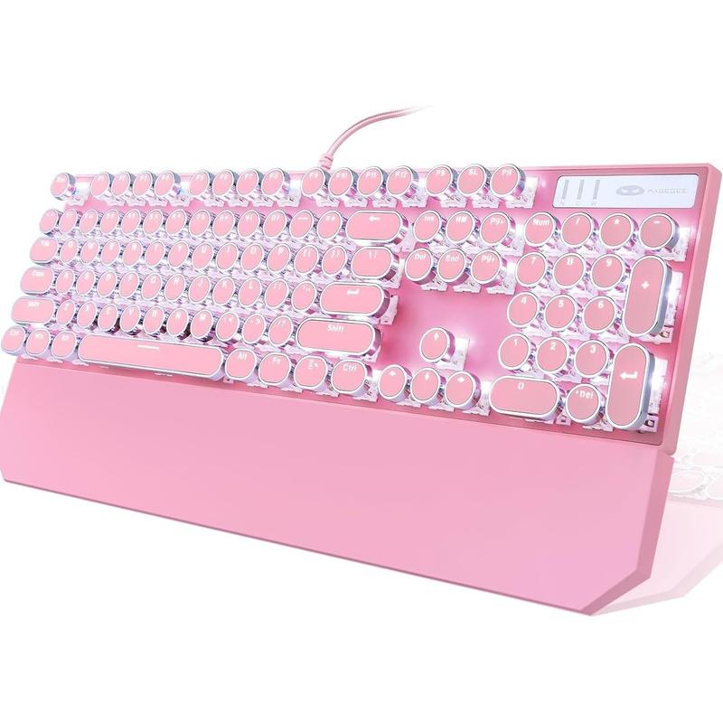 Typewriter Style Mechanical Gaming Keyboard, Pink Retro Punk Gaming Keyboard with White Backlit, 104 Keys Blue Switch Wired Cute Keyboards, round Keycaps for Windows/Mac/Pc Camiysn