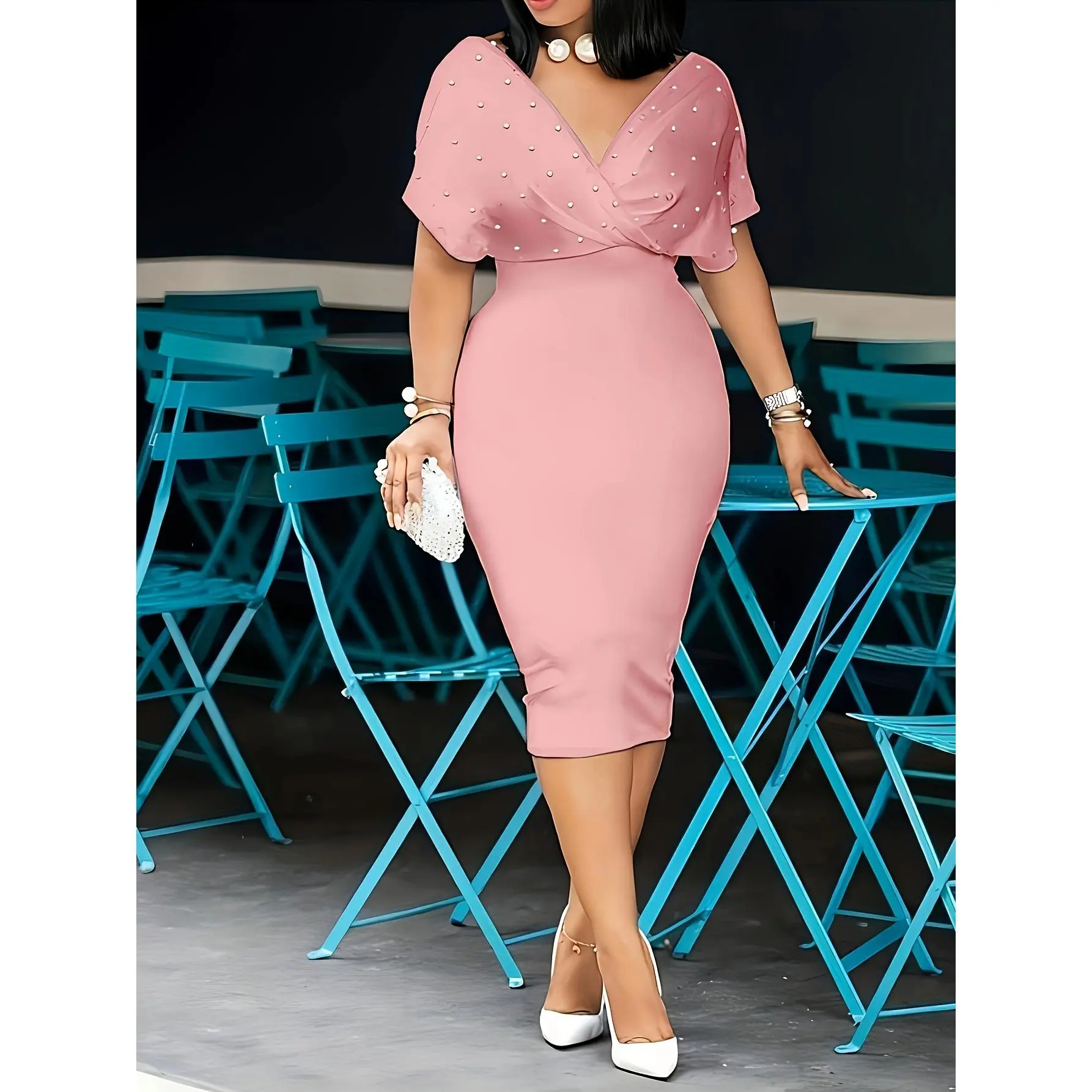 Women's Elegant V-Neck Sheath Dress with Back Zipper & Pearl Accents - Solid Color Stretchy Bodycon Dress Casual Afternoon Tea, Office, or Evening Events - Hand Wash Only, Evening Event Attire |     Elegant V-neck Dress |     Seasonal Versatile Wear