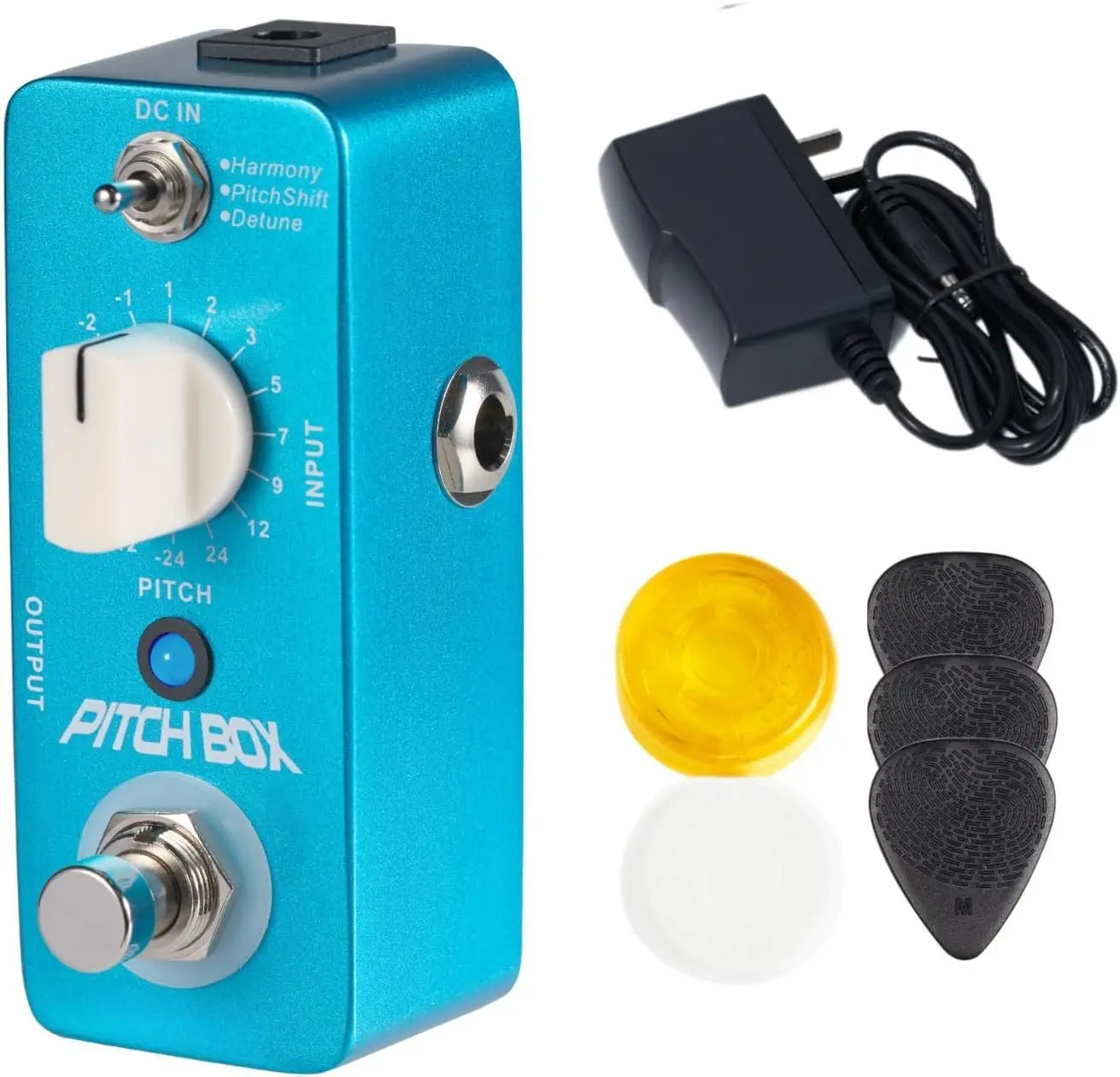 Guitar Pitch Box Harmony, Pitch Shift, Detune Pedal with Pedalboard Footswitch Toppers, Guitar Picks, 9V 300mA Power