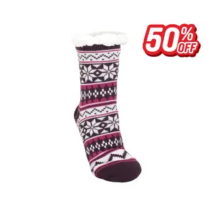 Warm Sherpa Fleece Slipper Socks Women – Nordic Snow Design Cozy Plush Non-Skid Indoor Winter Socks (Purple)