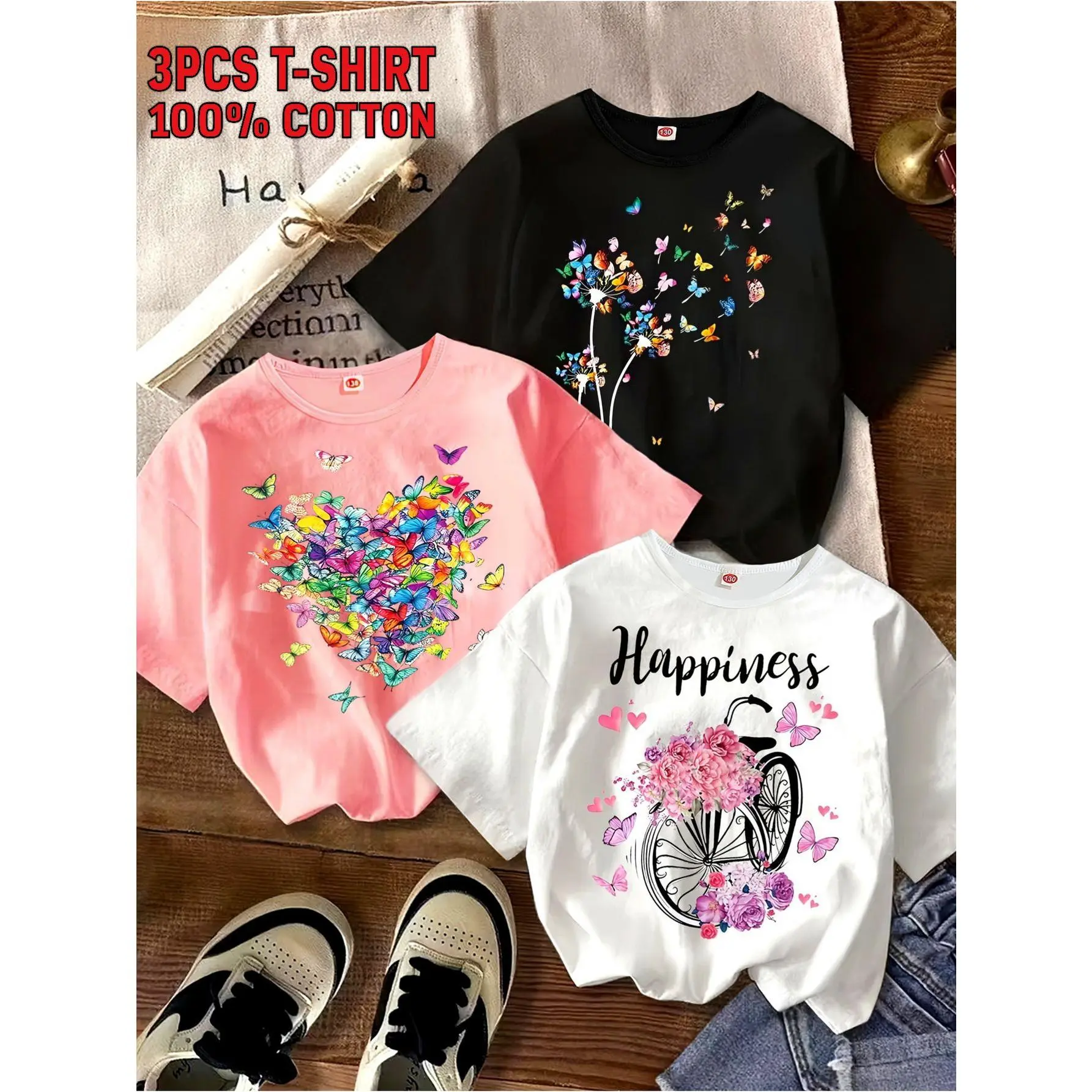 Girls' 3PCS 100% Cotton Short-Sleeved Graphic Tees - Butterfly Heart Flower Print, Comfy Basic Everyday T-Shirt, Cute Summer Casual Clothes for Girls
