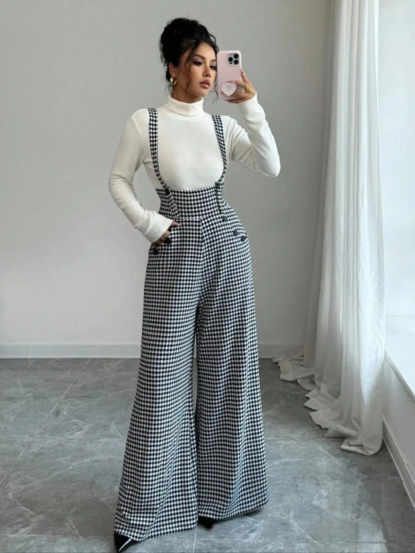 Women's Houndstooth Knit Backless High Waist Loose Wide Leg Pants Pockets Casual All Seasons 2026