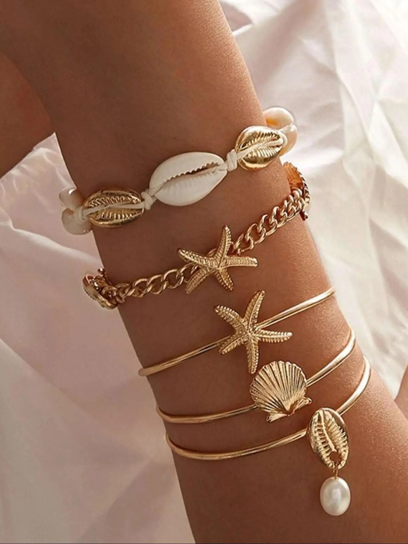 Fashionable Starfish & Shell Decorated Bracelet, Boho Style Jewelry for Women, Trendy All-match & Exquisite Jewelry for Birthday Gift, Bangles Bracelets Set, Stackable Bracelets, Fashion Chic Accessories, Bracelet Sets