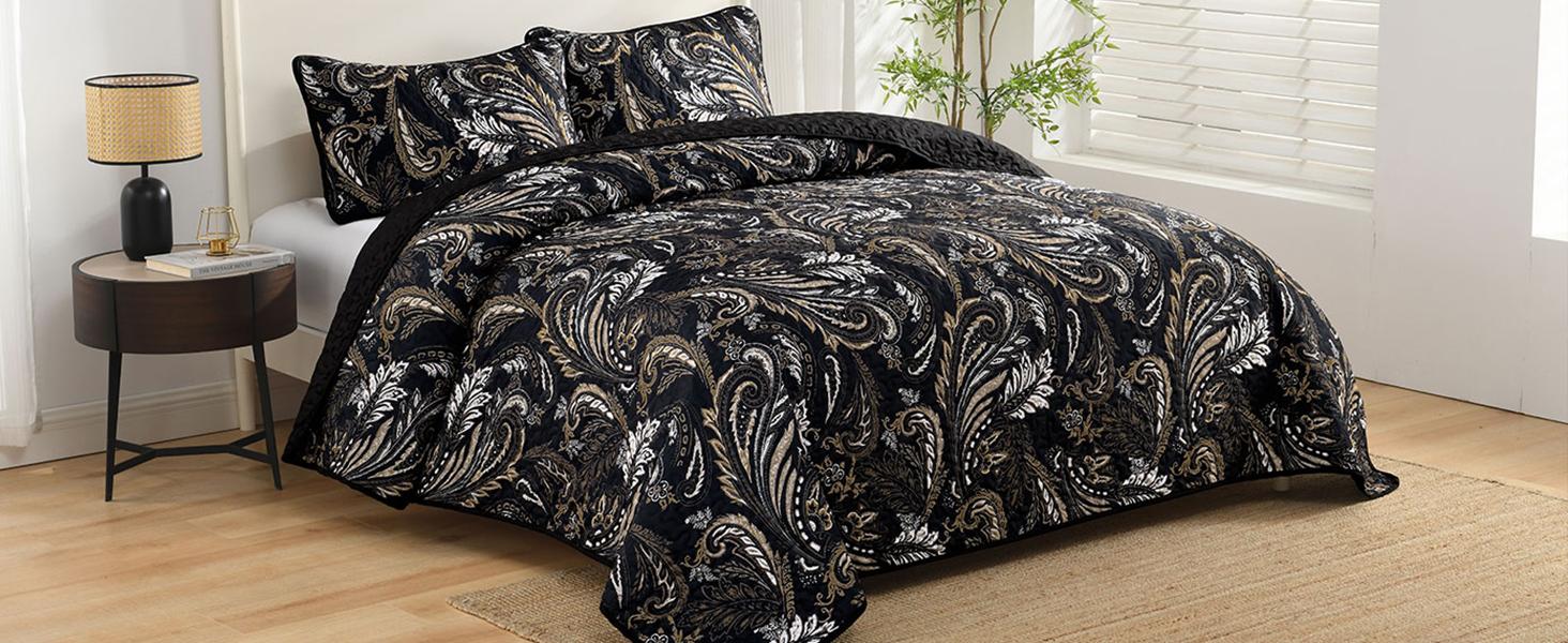 Paisley Set King Size,3 Pieces Boho Bedspread, Soft and Lightweight Microfiber Coverlet Bedding Set for All Season(110''x90'')
