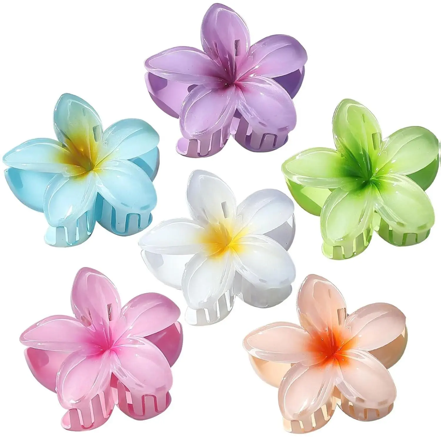Hawaiian Plumeria Hair Accessories - 6 Pack Large Claw Clips for Thick and Thin Hair, Beach Tropical Hair Clips for Women and Girls