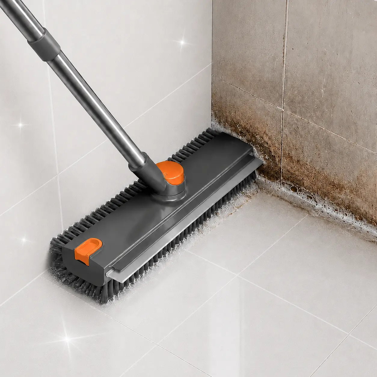 360° Rotating Floor Scrubber Brush with Long Handle, 3-in-1 Scrape and Scrub Cleaning Brush with Squeegee for Tile, Shower, Bathroom Floor, Wall, Deck and Garage