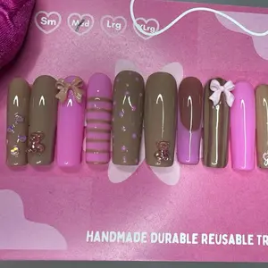 Handmade Durable Reusable Pink and Brown Cupcake Nail Art Set with Bow and Bear Decorations