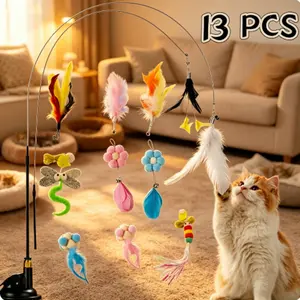 Cat Teaser Toy,13 Pcs Interactive Cat Teaser Toys,Fun Indoor Cat Enrichment Toy for Self-Play,Colorful Feather Toy Set,Hands-Free Suction Cup Cat Wand #Hot,summervibes