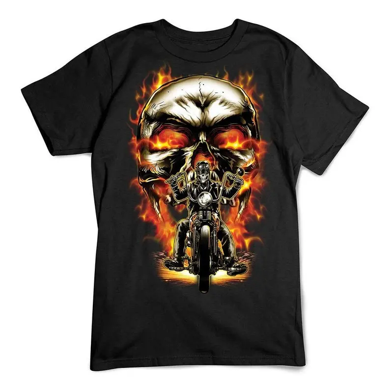 Men's Black Flame Skull Biker T Shirt American Retro Streetwear Casual Loose Cotton Tee Hip Hop Gothic Rock Tops  Vintage Biker Graphic T-Shirt for Men Hardcore Retro Skull Print Oversized Tee Motorcycle Culture Outfit