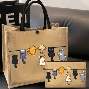 Cat Print Handbag, Large Capacity Linen Bag, Travel Storage Pouch, Simple Style, Portable, Suitable for Women, Students, Office Workers, Lightweight Weekender Bag