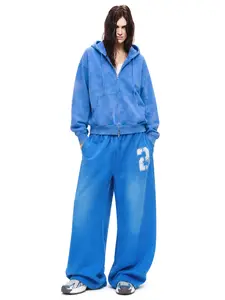 FDR  Washed Baggy Sweatpants, Adjustable Drawstring Cuff Wide Leg Pants