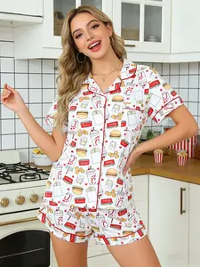 Women's Letter & Cartoon Graphic Print Pattern Burger Pajama Set, Soft Lightweight Sleepwear & Loungewear, Comfortable Fitted Two-Piece Set for Casual and Sleeping