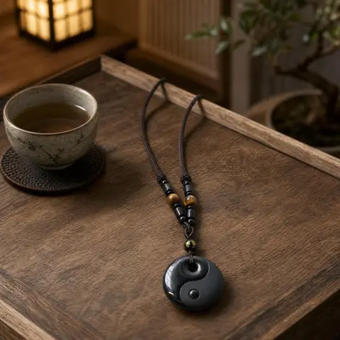 29.92 inch Black Obsidian Yin Yang Pendant Necklace, Hand Carved Feng Shui Obsidian Necklace,Tai Chi Talisman Spiritual Necklace, Minimalist Prosperity Jewelry Gift